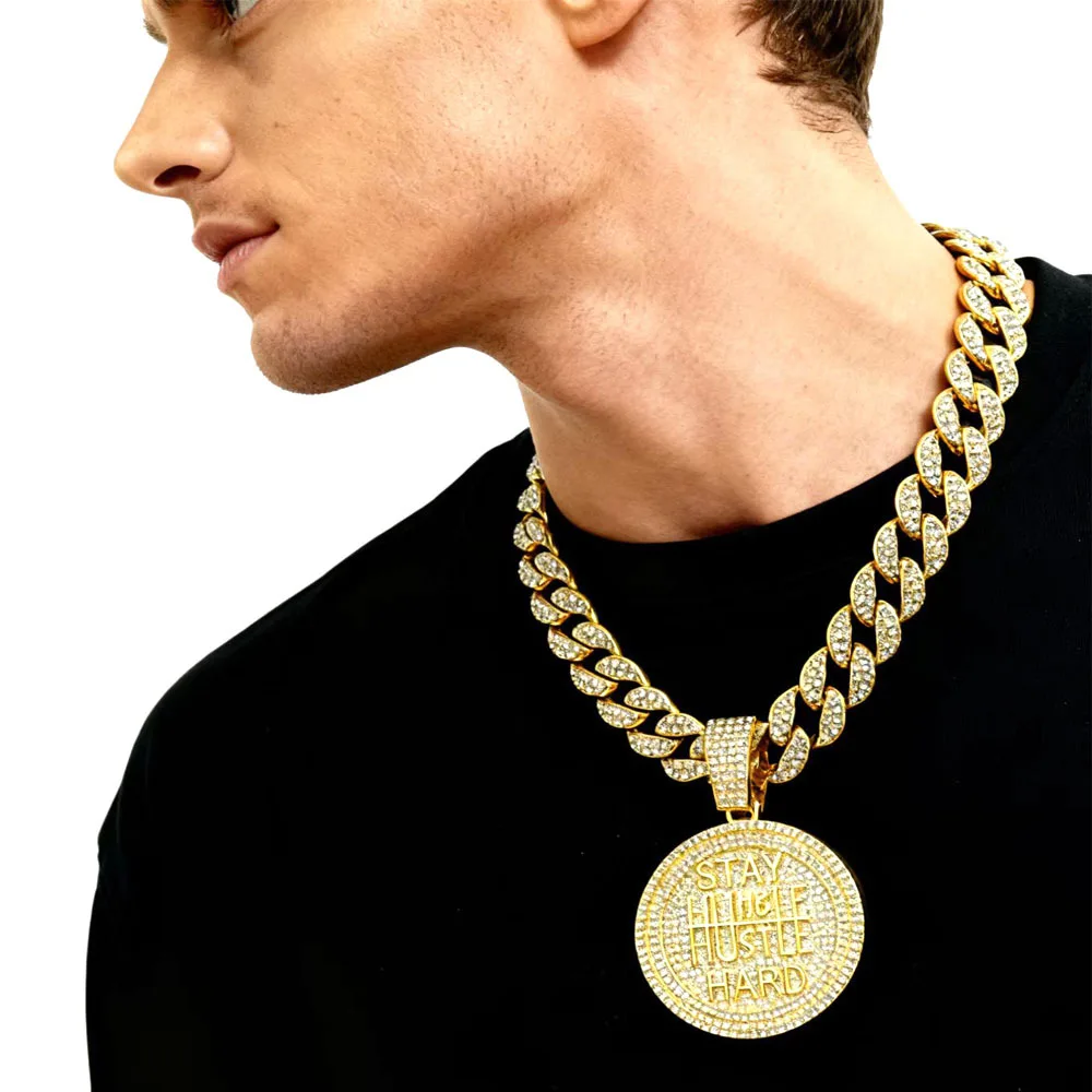 DIY accessories European and American trends stay hard, keep strong, letter round brand pendant full of diamonds Cuban chain hip