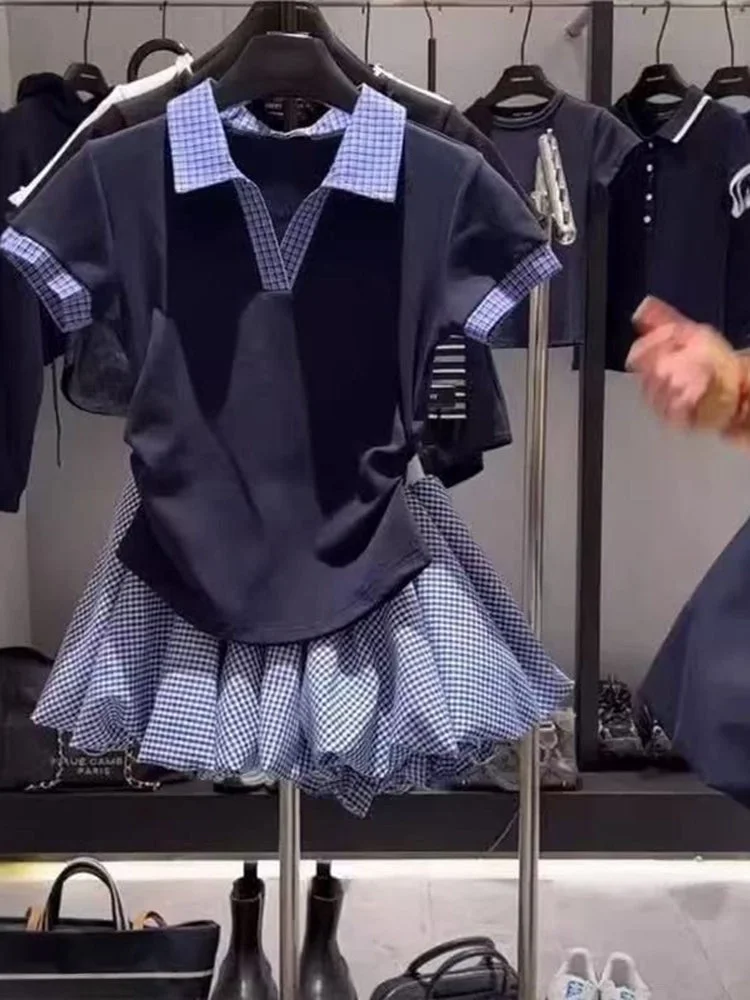 

Летний комплект с пышной юбкой: футболка с коротким рукавом и воротником, юбка-бутон, комплект из двух предметов, маленький размер, в студенческом стиле, женский