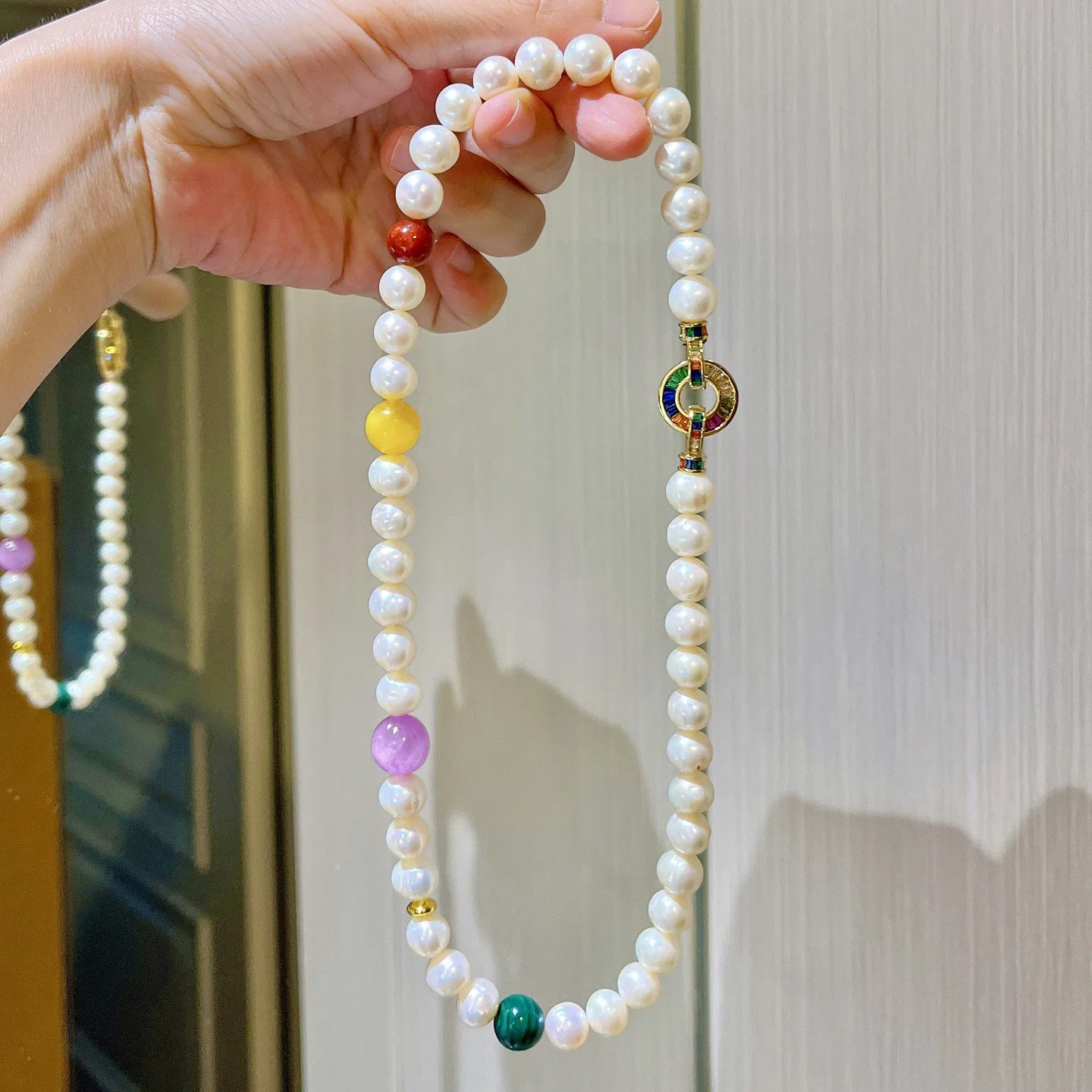 

Natural Freshwater Pearl & Multi-Gemstone Necklace, Kunzite Malachite Amber Beaded Collarbone Chain, Luxury Crystal Jewelry