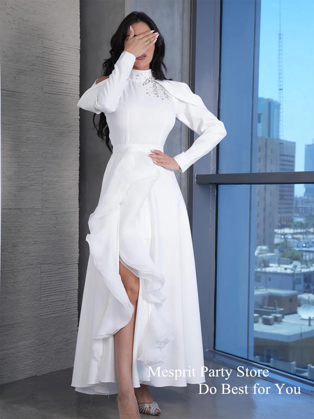 Mesprit White Evening Dress for Woman High Neck Long Sleeves Stones Ruffles Slit Ankle Length Saudi Arab Prom Dresses