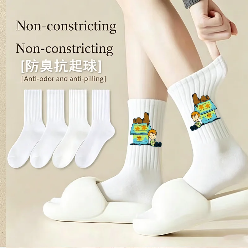 Cartoon S-Scoobyes Doos Cottonn Women's Mid Tube Socks College Style Personalized Student White Casual Socks