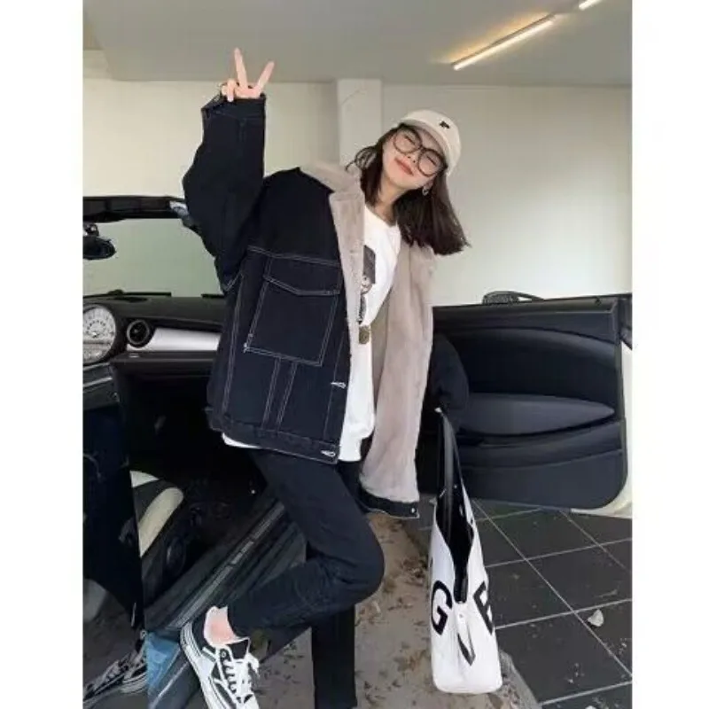 Lapel Workwear Denim Cotton-padded Jacket for Women New Winter Style with Fleece and Thickened Cotton-padded Jacket Black Trendy