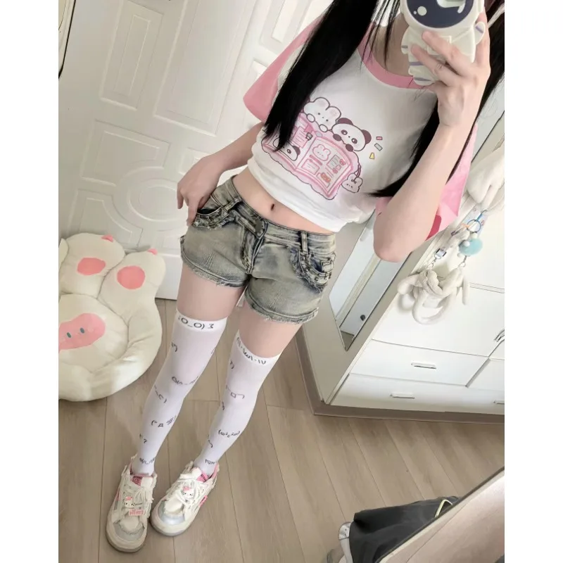 Pink Kawaii T Shirt Rabbit Bear Cartoon Print Cute Patchwork Short Sleeve Summer Top Japanese Harajuku Casual 2024 Women Tees