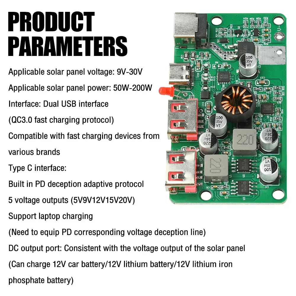 PD 100W Solar-Spannungsregler-Controller mit Typ-C PD & Dual-USB-Schnellladung für Solarpanels DIY-Strommodul – Detail 6