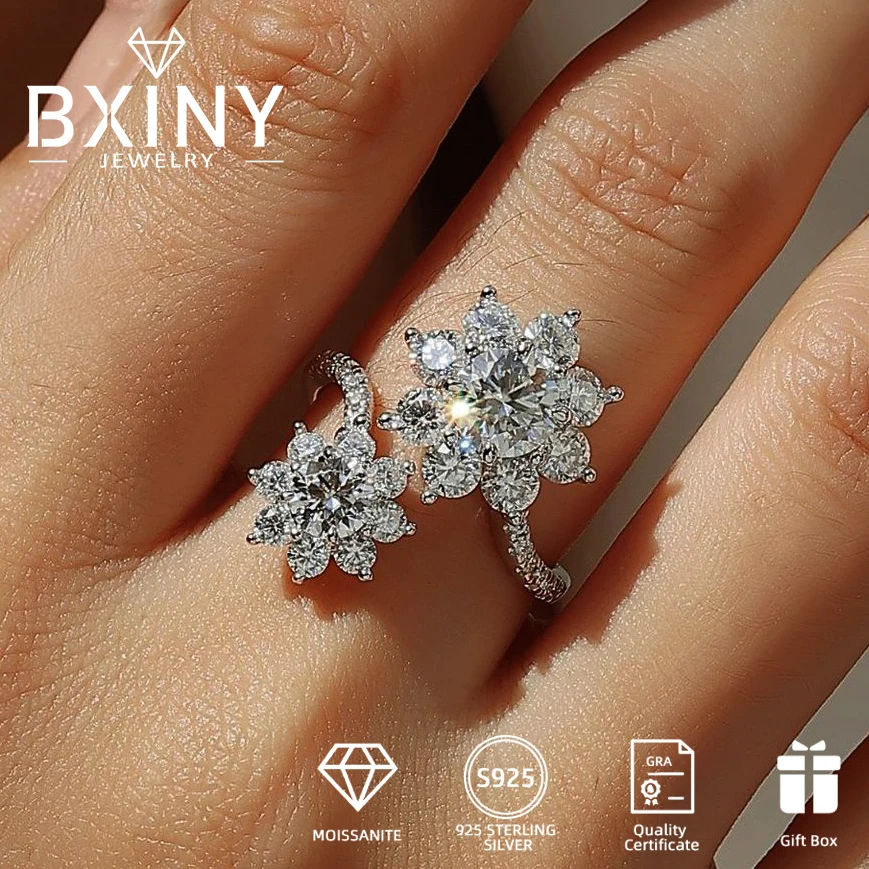 

Роскошные кольца BXINY с муассанитом, серебро S925, для женщин, с двойными цветами-подсолнухами, регулируемые, для помолвки и свадьбы, подарочные ювелирные изделия GRA