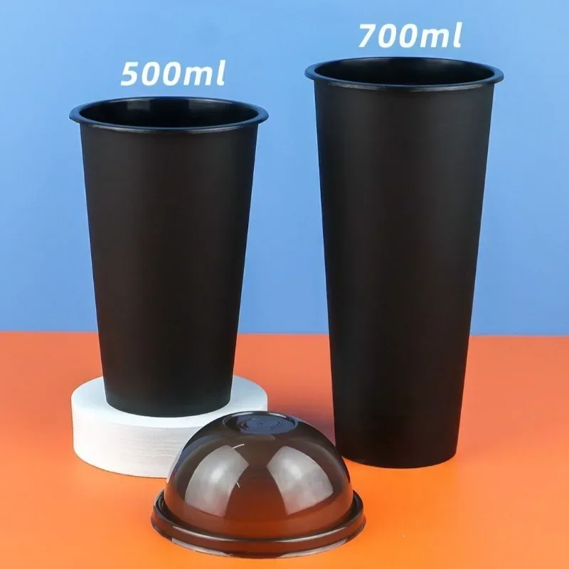 500ml/700ml Black Frosted Milk Tea Juice Cup 25pcs/50pcs 90 Caliber Disposable Coffee Mug Plastic Beverage Package Cups with Lid