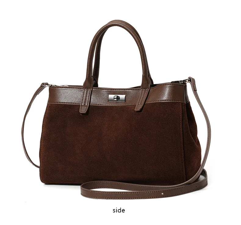 Damen Wildleder- & Leder-Tragetasche, Henkeltasche mit Silber-Verschluss, Damen-Umhängetasche Ideal für Arbeit & Alltag – Detail 8