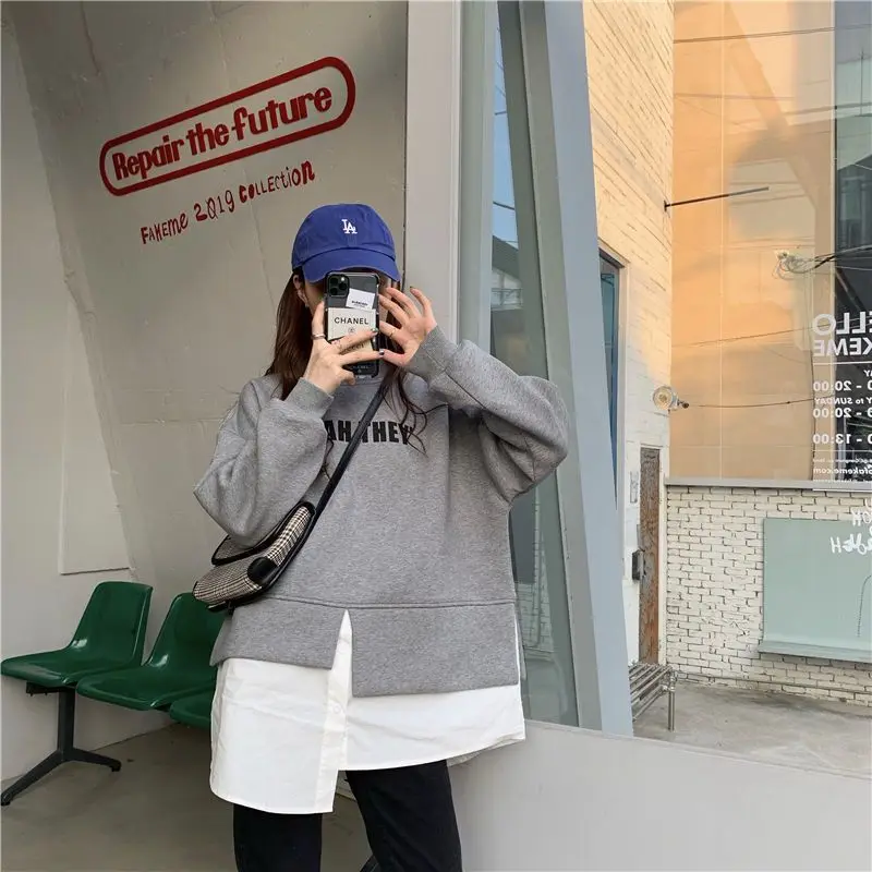 Fake Two Piece Pullovers Top for Women Plus Size Loose Patchwork Street Casual Hoodies Fashion Harajuku Clothing Spring Autumn