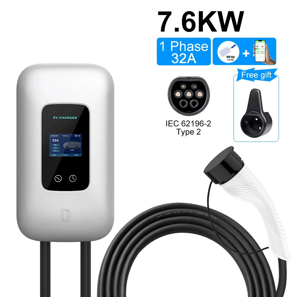 

QCESEV 7.6/11/22KW EV Charging Station Type 2 Electric Vehicle Car Charger EVSE Wallbox Wallmount IEC62196 Cable APP Control