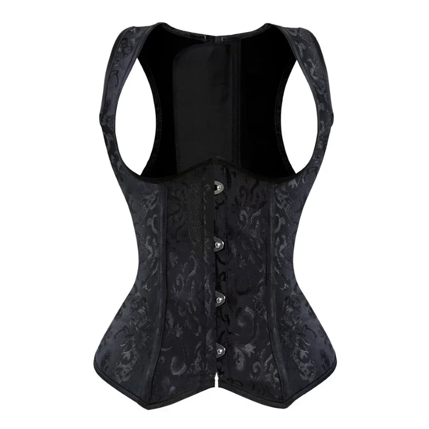 Underbust Corset Vest Women Gothic Brocoded Bustiers Top with Shoulder Straps Slimming Plus Size Jacquard Shapewear Black White