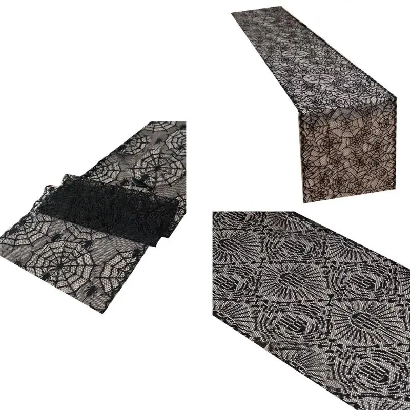 Black Lace Halloweens Table Polyester Fabric Party Decoration Wrinkle Resistant Machine Washable Designs A2BB