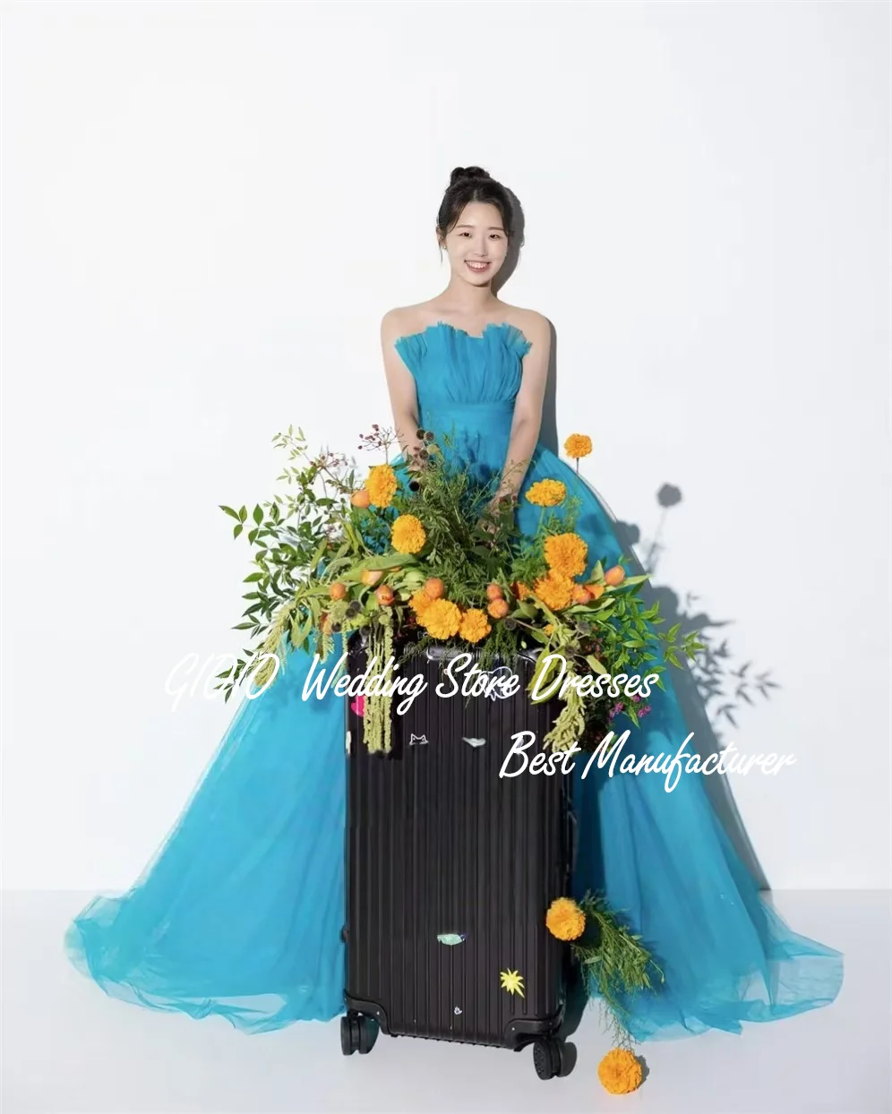 Gioio صدفي الكشكشة كوريا فساتين الزفاف الجنية الأزرق ألف خط فستان الحفلات المسائية صور تبادل لاطلاق النار مخصص مشد ثوب العروس