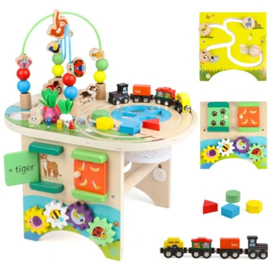 

Montessori activity table for 1-year-olds: wooden sensory center with 10-in-1 bead maze natural wood finish ideal for toddlers