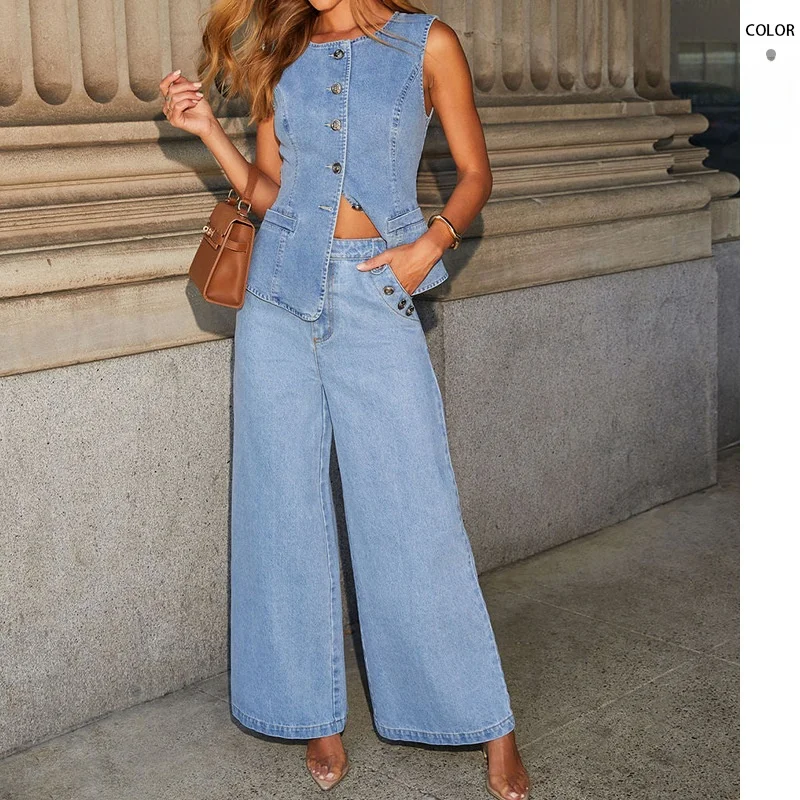 

Loose Fit Long Sve Denim Set Wide Leg Pants Pure Color American Sle Faionable Women's Casual Sportswear Ensemble
