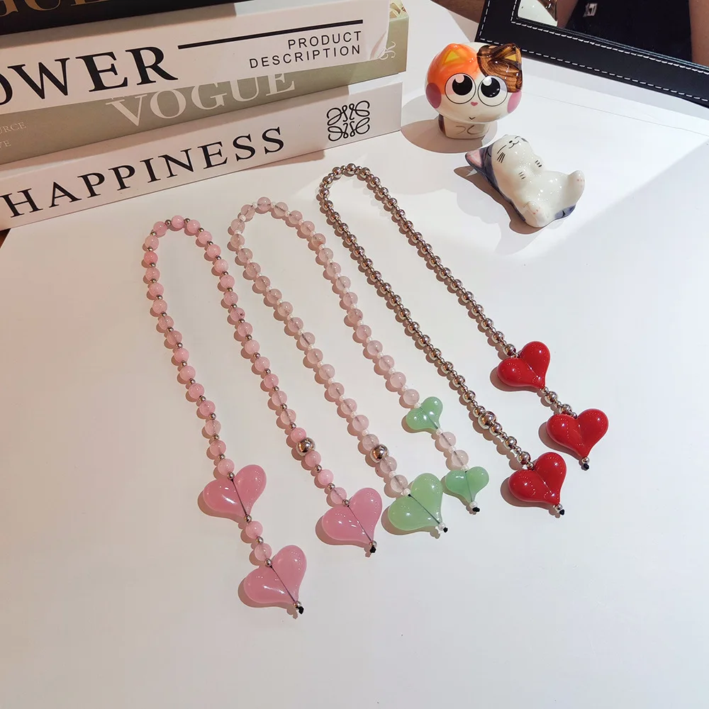 HERLOOK Big Love Heart Bag Charms Natural Stone Beads Chain Bag Charm dla kobiet Prezenty Modne akcesoria Y2K Biżuteria damska