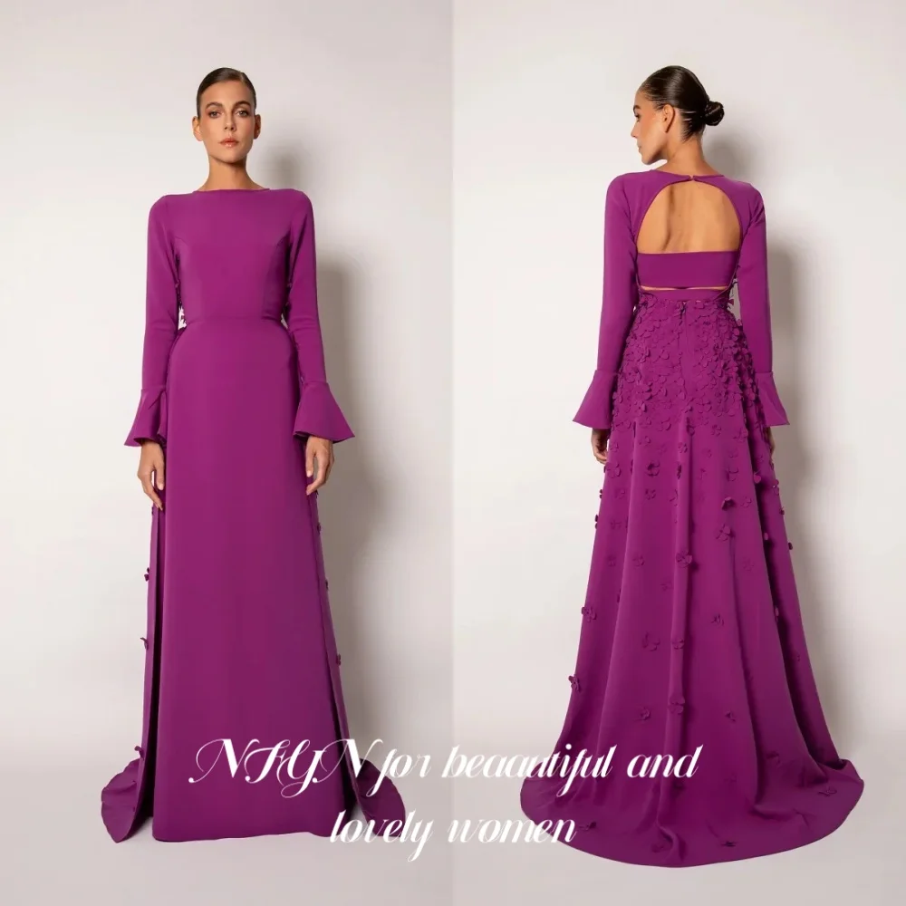 

NFYN Purple O-Neck Elegant Formal Gown Satin Pleats Prom Dresses Long Regular Sleeve Backless Evening Dress for Woman Customized