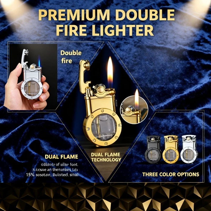 

New Metal Dual-Flame Lighter - Windproof Transparent Gas Window, Butane Inflatable, Adjustable Flame Conversion, Premium Gift