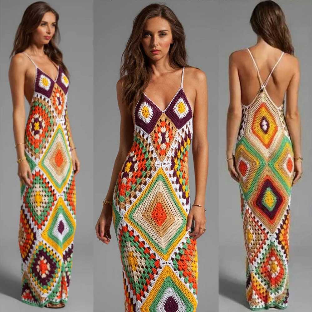 Hand Crochet Maxi Dress - Firework Colors - Beach Wedding