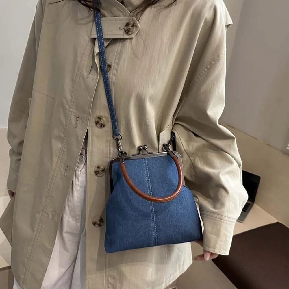 

Элегантная сумка через плечо с застежкой Kiss Lock, однотонная, большой вместимости, джинсового синего цвета, сумка-мессенджер, винтажная женская сумочка