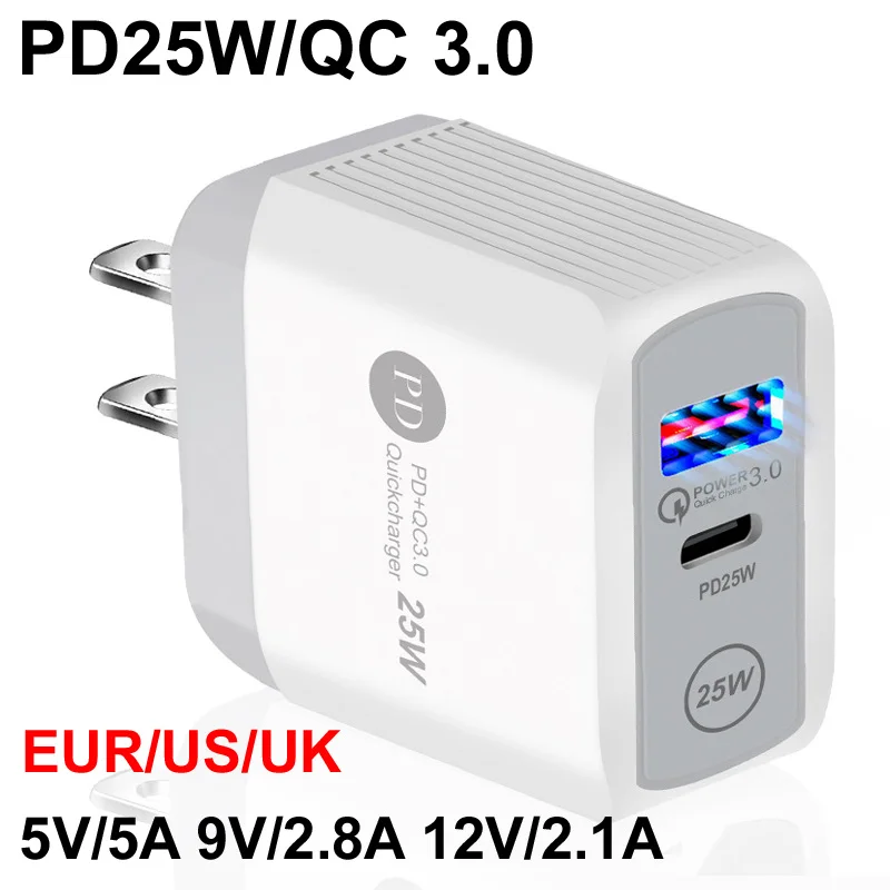 PD 25W 5V/5A 9V/2.8A 12V/2.1A EU/US/UK Plug LED Light 2 Ports USB Adapter Wall Charger   Fast Quick Charge QC 3.0 Mobile Phone