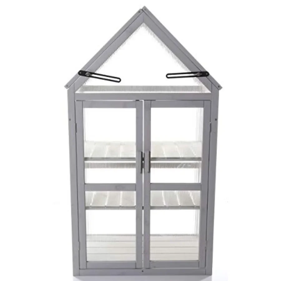 Growhouse for gardening use, wooden construction, dove gray color, UV-treated polycarbonate glazing and adjustable shelves