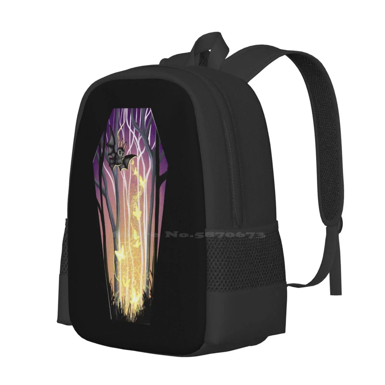 Bat In The Woods Coffin Hot Sale Schoolbag Backpack Fashion Bags Bat Halloween Moth Glow Spooky Haunted Woods