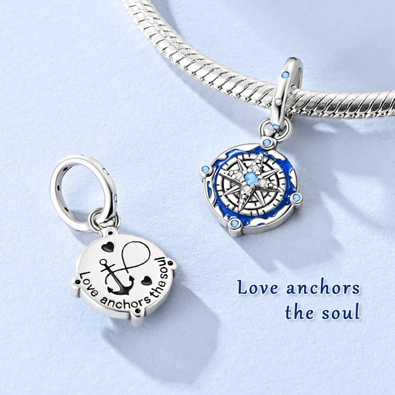 925 Sterling Silver Nautical Compass Dangle Charm Blue Enamel & CZ Stones Fit Bracelets Adventure Travel Jewelry Gift for Women