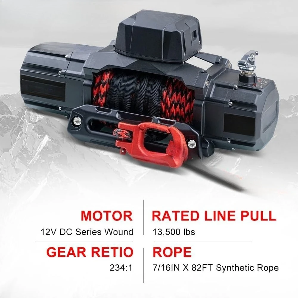 

13500lb New Waterproof Electric Synthetic Rope Winch 12V with Hawse Fairlead,2 in 1 Wireless remote control, wired control