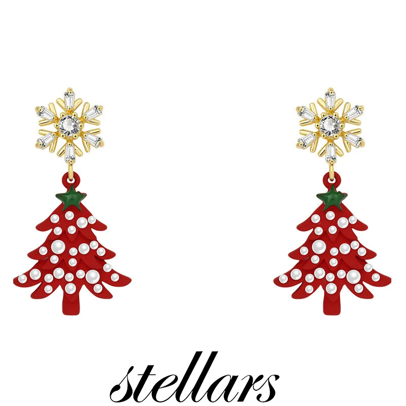 Cartoon Cute Santa Claus Christmas Tree Silver Stud Earrings with Diamonds Snowflakes and Pearls Exquisite Ear Studs