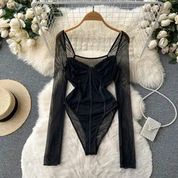 Foamlina New Stylish Black Bodysuits for Women Sexy See Through Mesh Patchwork Long Sleeve Square Collar Slim Stretch Body Tops