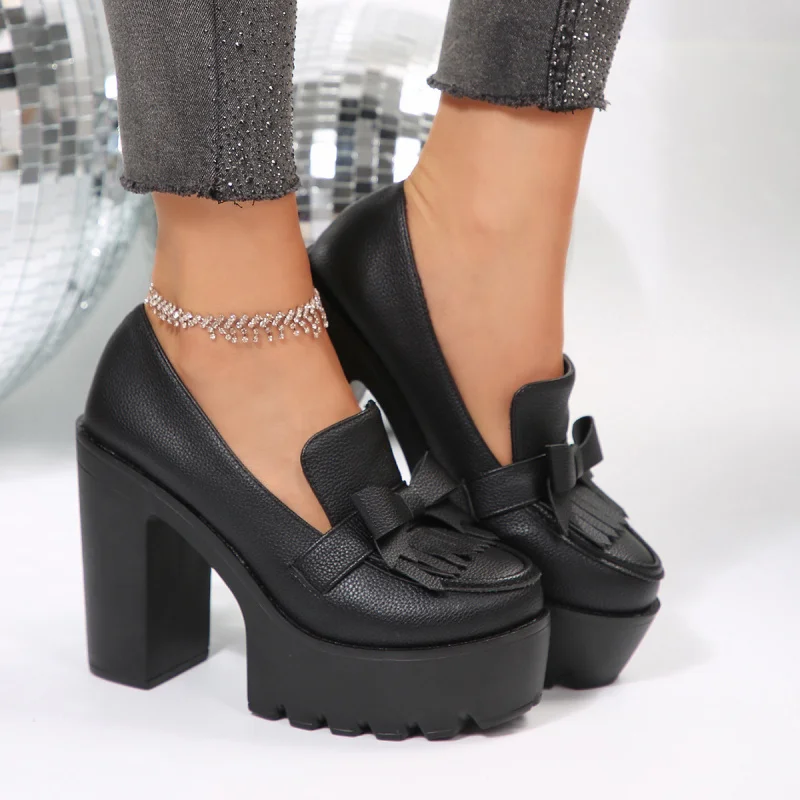 

2025 Newest Large Size Women's High Heels, Chunky Low Kitten Heels with Bow & Fringe, Elegant Solid Color Dress Shoes for Women