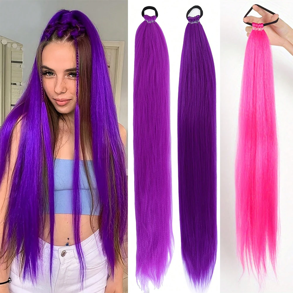 

28-дюймовый синтетический прямой хвостик на резинке, модные накладные пряди для волос для повседневного использования и вечеринок, аксессуары для волос