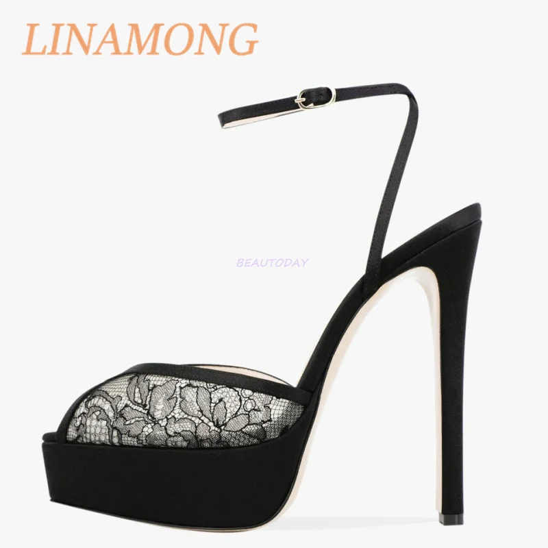 

Black Lace Buckle High-Heeled Shoes Pointed Thick Bottom Platform Thin Heels Fashionable Sandals Sandalias De Mujer Verano