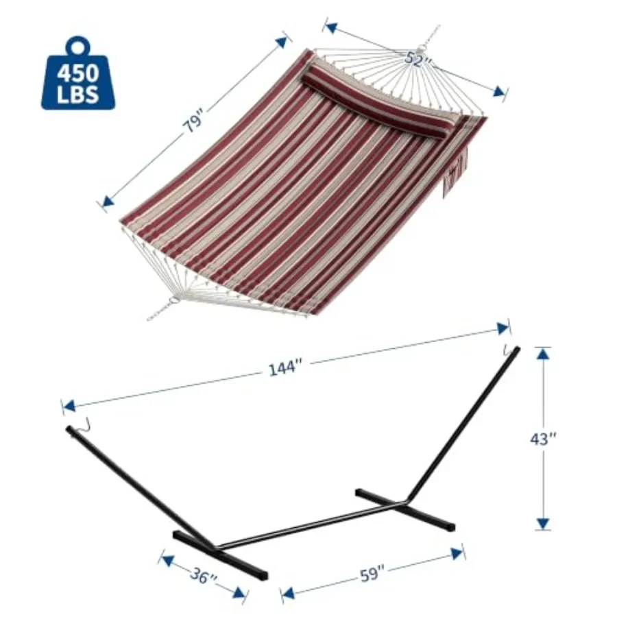 Outdoor 2-Person Hammock with Stand450lbs Capacity, Balanced Rope Design, Included Pillow, Polyester Fabric, Navy Blue