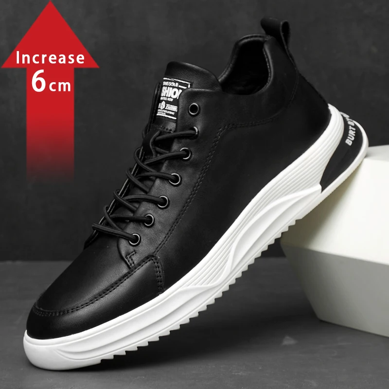 6cm Cow Leather Elevator Shoes for Men Spring Summer Hollow Height Increasing Shoes Breathable Casual Lift Sport Sneakers