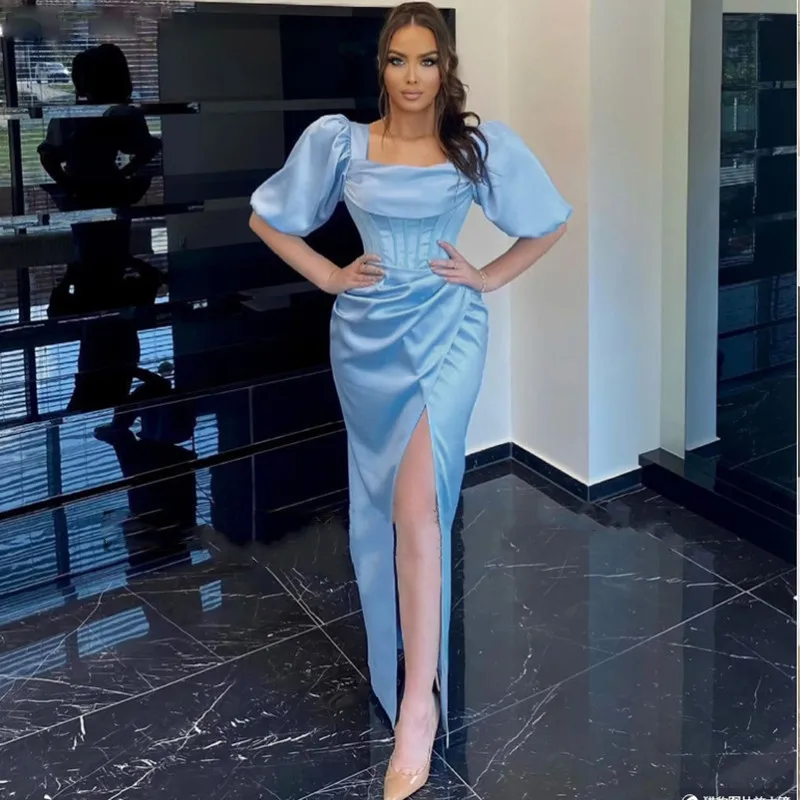 

Vinca Sunny Simple Sky Blue Long Prom Gowns Puff Sleeves Side Slit Corset Silk Satin Mermaid Formal Occasion Wedding Party Women