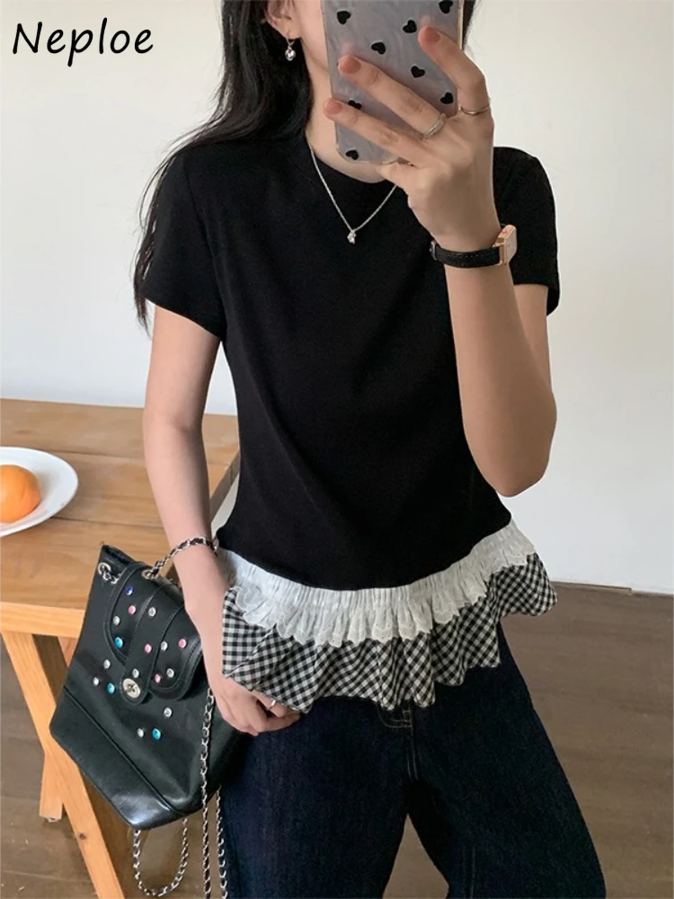 

Neploe Princess Knit Slim Ruffles Ruched Tops Simple O Neck Half Sleeve Ballet Minority T-shirt Korea Ball Gown Flower New Mujer