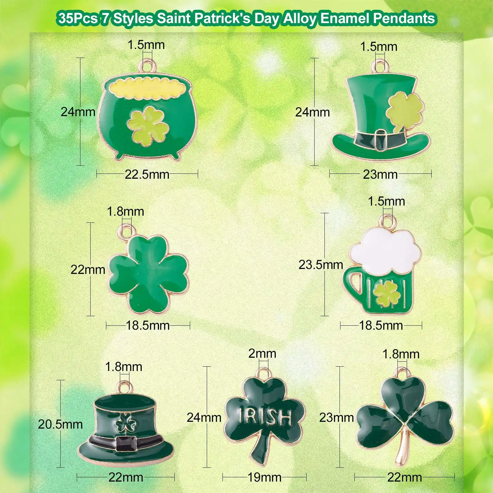 35Pcs 7 Styles Enamel St. Patrick's Day Charms Lucky Clover Hat Beer Enamel Green Charms for Festival Jewelry Making Crafts