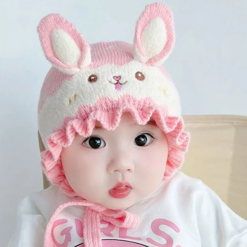 귀가있는 귀여운 토끼 아기 모자, 따뜻한 신생아 모자, 겨울 비니, 부드러운 귀 보호, 유아 모자, 보닛