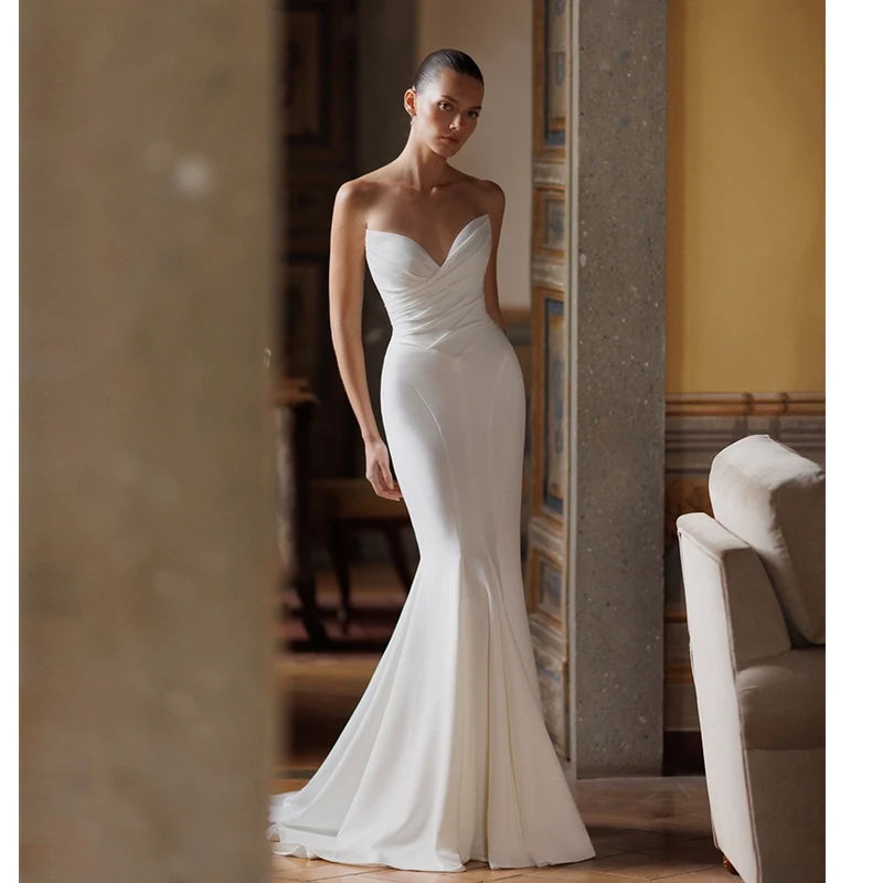 

Свадебное платье русалки с открытыми плечами, атласное бальное платье с бисером, без рукавов, без бретелек, индивидуальное платье невесты Robe De Mariee