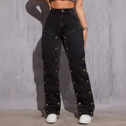 Women's Spring and Autumn New Fashion Detachable Multi-button Straight-leg Pants, Hip Hop Casual High-waisted Cargo Long Pants