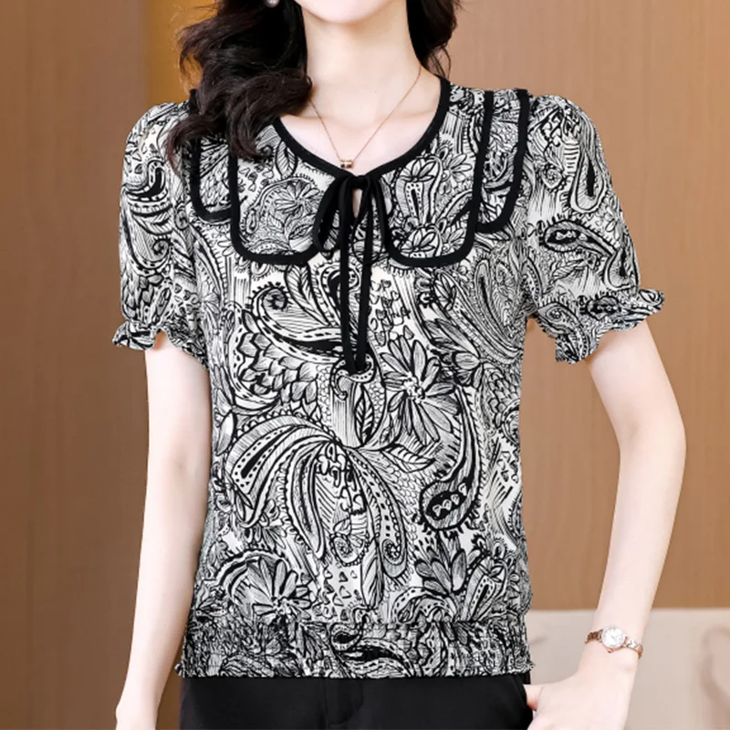 Summer New Korean Loose-fitting Ink Painting Pullover T-Shirt Summer V-Neck Leopard Bow Lacing Short Sleeved Chiffon Women's Top