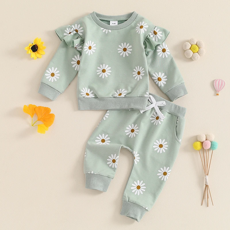 2024-05-24 Lioraitiin Toddler Girl Fall Outfit Daisy Print Bluza z długim rękawem i elastycznymi spodniami w pasie 2-częściowy zestaw