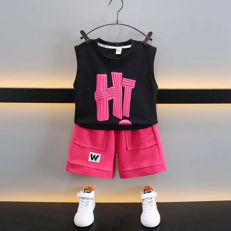 

Boy Summer Clothing Sets 2024 Kids Trends Sleeveless Vests Suits Children Fashion Top+Shorts 2Pcs Outfits Teenager Casual Set