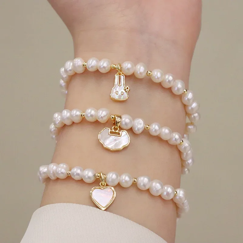 Hengsheng 4-5mm Baroque Freshwater Pearl Bracelet for Women Girls 18cm Butterfly Love Lock Charm Bracelet Jewelry Gift 2025 New