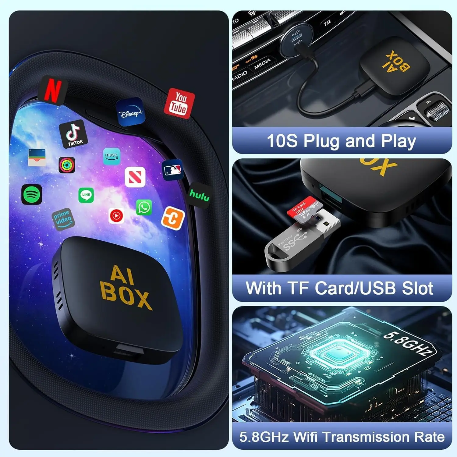 Support Netflix YouTube Car AI Box Wireless CarPlay Adapter Android Auto TF Card U Disk Magic Link for OEM Wired CarPlay Cars