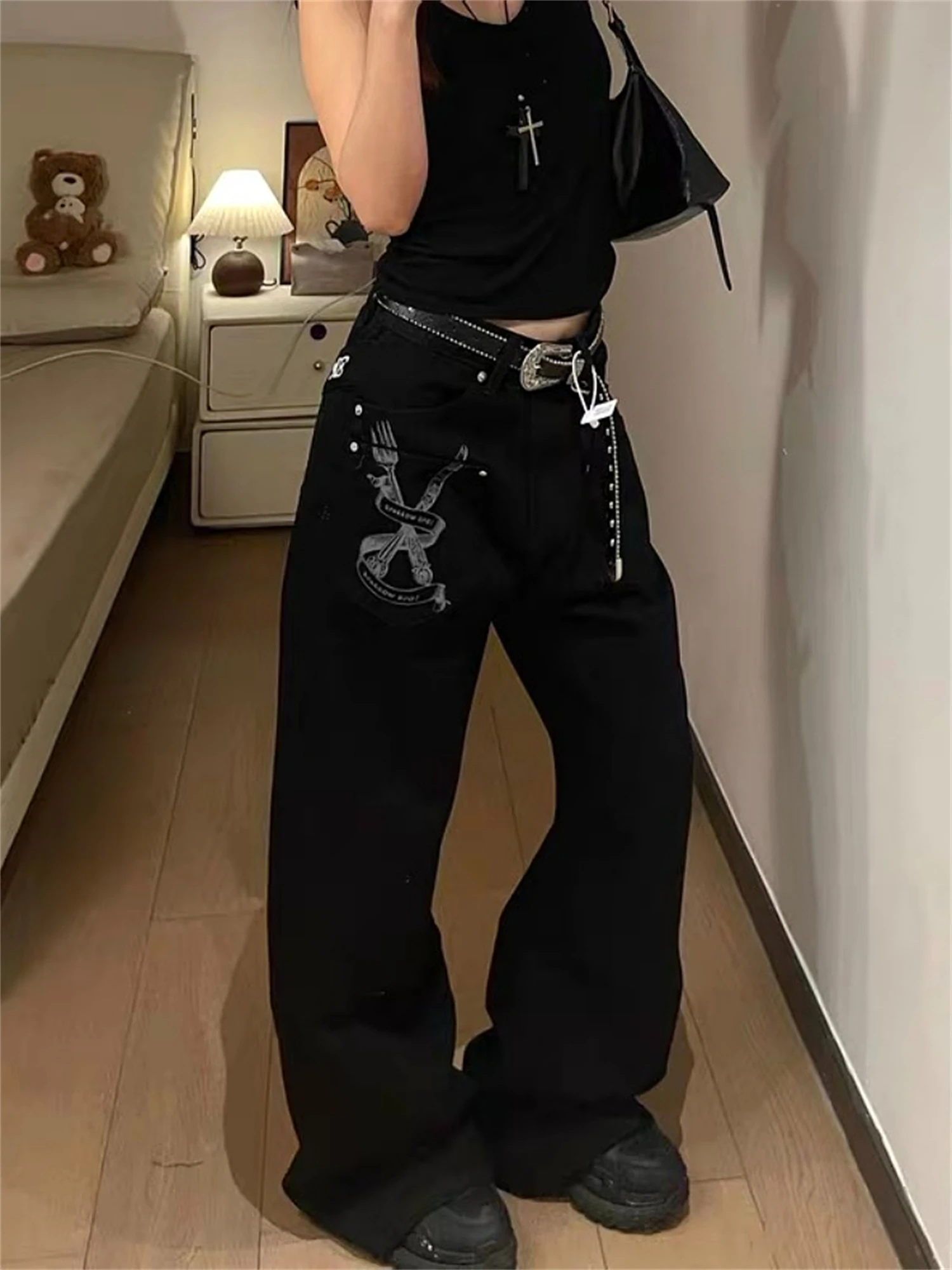 Women's Black Oversized Wide Leg Denim Jeans Utensil Print Lettering Decorative Studs Edgy Casual Streetwear Ladies Pants