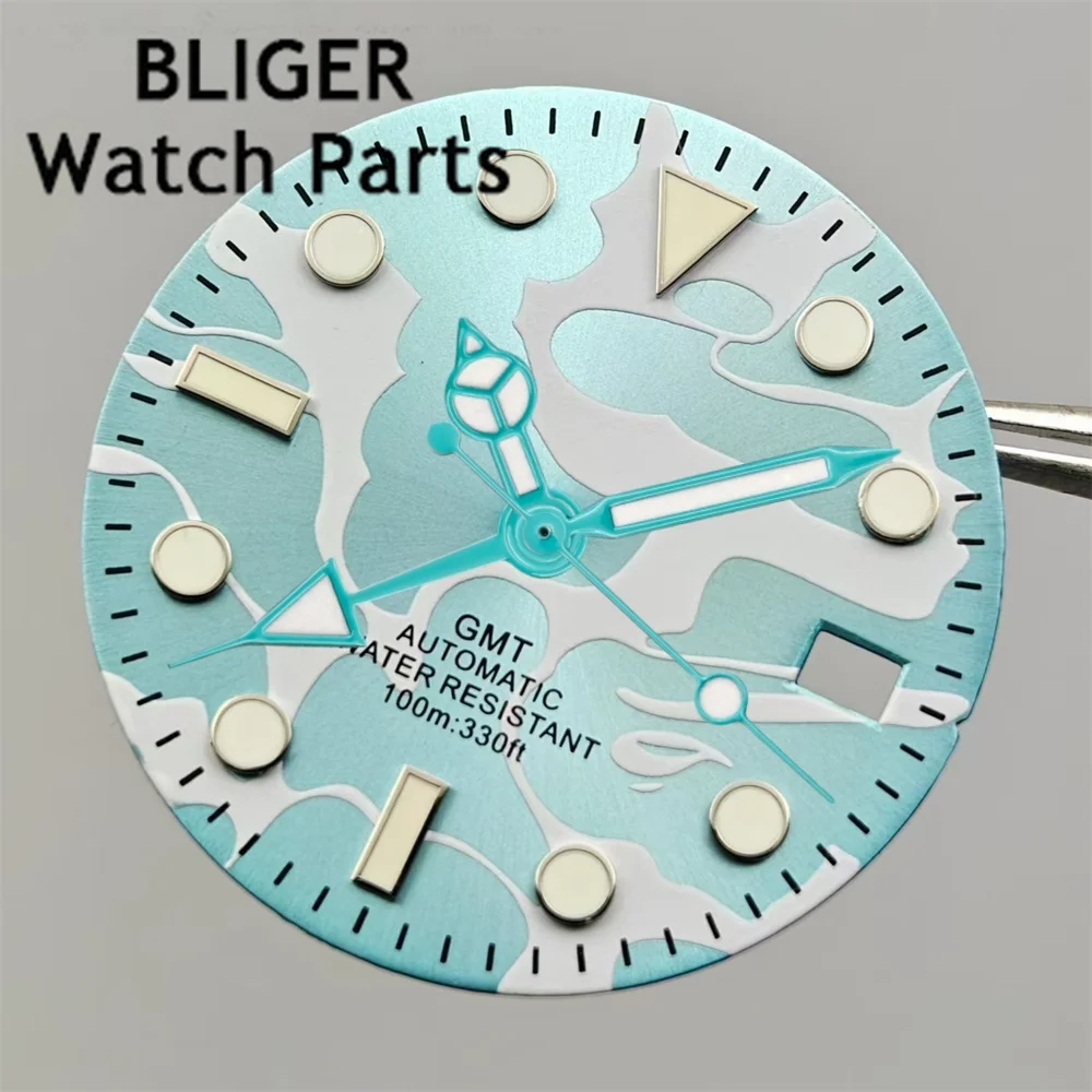BLIGER jam tangan 29mm NH34 Dial biru langit dengan Set tangan hijau bercahaya cocok untuk bagian pengganti jam tangan gerakan NH34