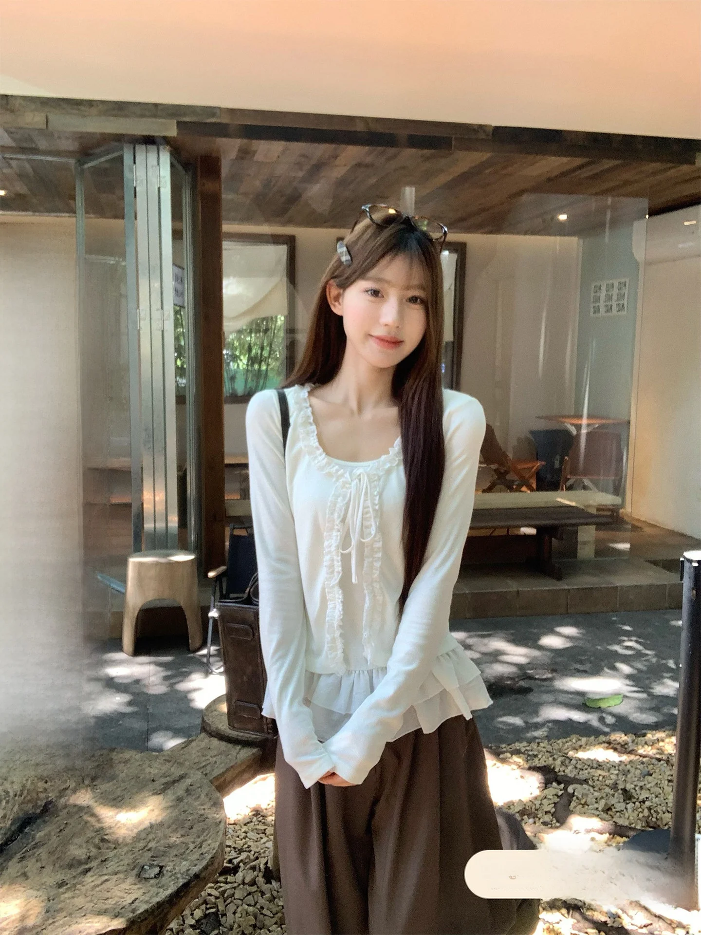 

White Fake Two-Piece Open Cardigan Long Sve Women's Inner Wear T-irt Korean Sle Early Autumn Faion Base Top