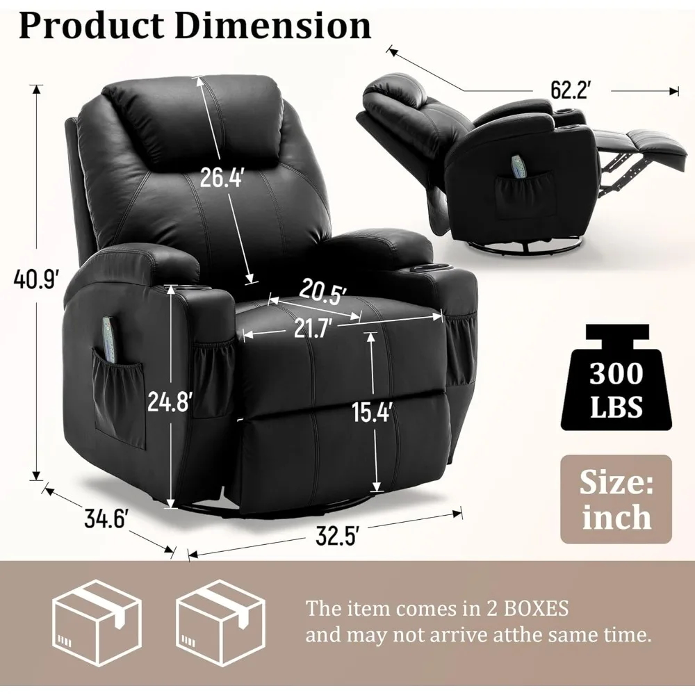 Recliner Chair, Rocking Chair with Massage and Heat, 360° Swivel Recliner Chairs for Adults, Rocker Manual Recliner